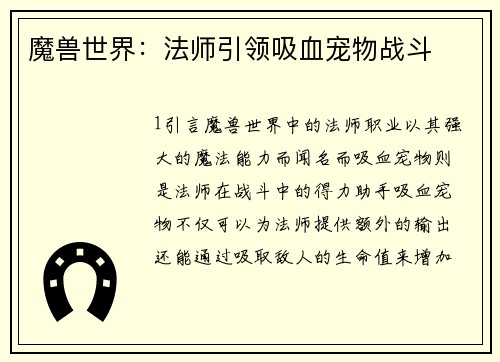 魔兽世界：法师引领吸血宠物战斗